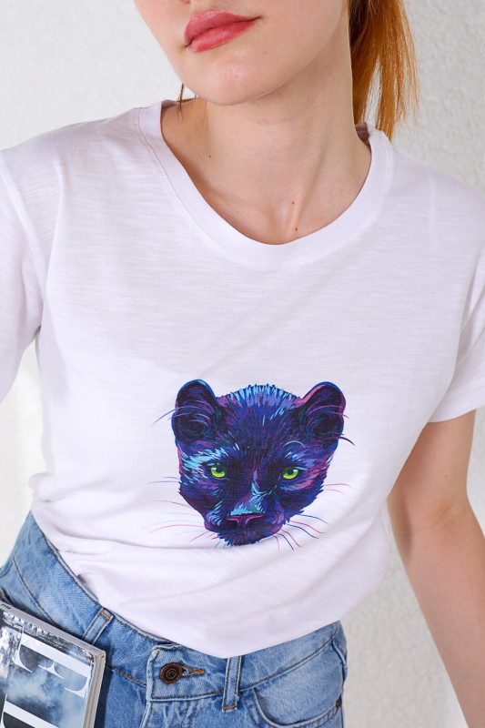 TSR-04238 Beyaz Kedi Baskılı Salaş Basic Tişört