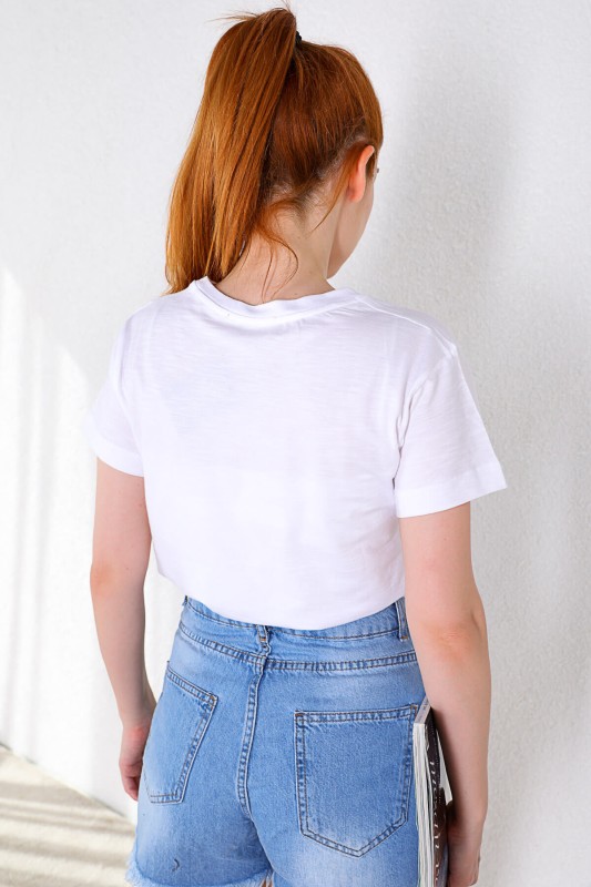 TSR-04238 Beyaz Kedi Baskılı Salaş Basic Tişört