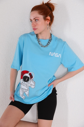 TSR-04253 Bebe Mavi Nasa Astronot Baskılı Salaş Tişört - Thumbnail