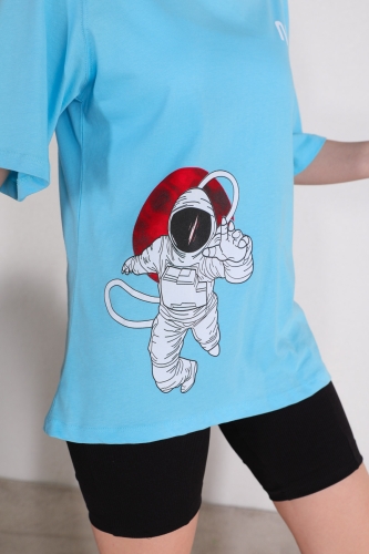 TSR-04253 Bebe Mavi Nasa Astronot Baskılı Salaş Tişört - Thumbnail