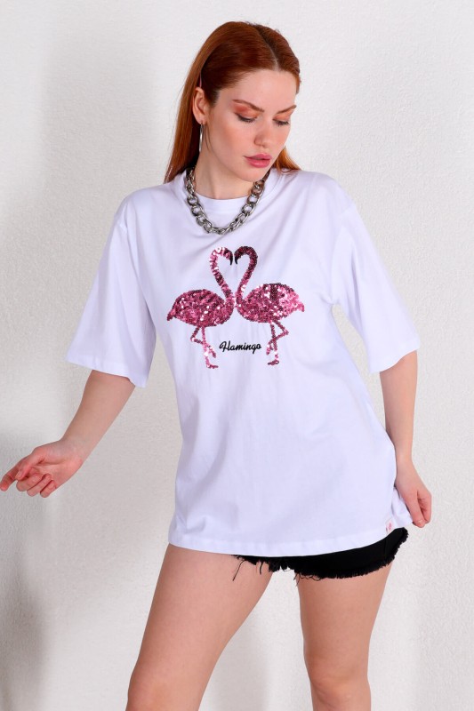 TSR-04254 Beyaz Flamingo Pul Nakışlı Salaş Tişört