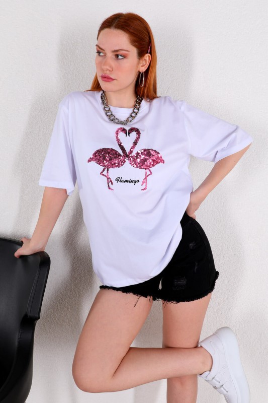 TSR-04254 Beyaz Flamingo Pul Nakışlı Salaş Tişört