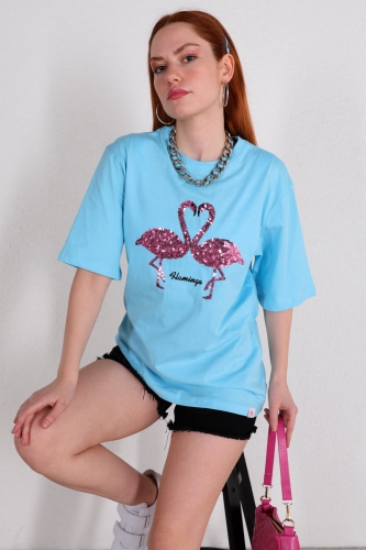TSR-04254 Mavi Flamingo Pul Nakışlı Salaş Tişört - Thumbnail