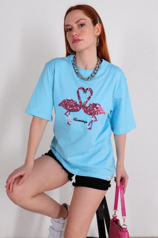 TSR-04254 Mavi Flamingo Pul Nakışlı Salaş Tişört