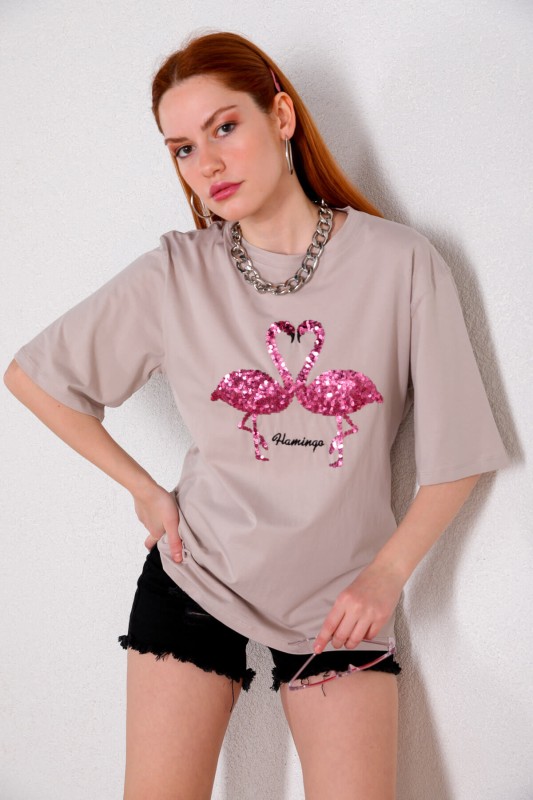 TSR-04254 Taş Rengi Flamingo Pul Nakışlı Salaş Tişört
