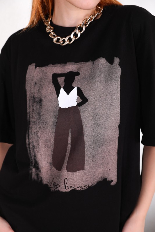 TSR-04256 Siyah Kadın Dijital Çizim Baskılı Tişört