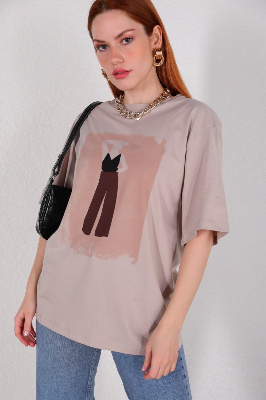 TSR-04256 Taş Rengi Kadın Dijital Çizim Baskılı Tişört