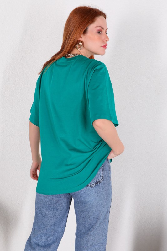 TSR-04256 Yeşil Kadın Dijital Çizim Baskılı Tişört
