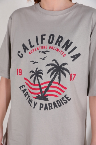 Cappmoda - TSR-04260 Boyama Gri California Desen Baskılı Salaş Tişört (1)