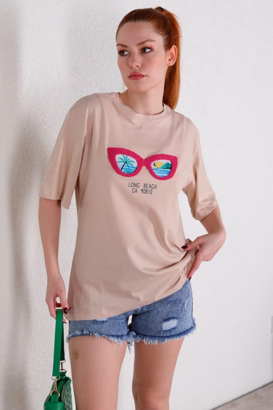 TSR-04263 Vizon Gözlük Süzene Nakışlı Görsel Baskılı Salaş Tişört