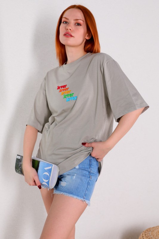 TSR-04269 Boyama Gri Lover Renkli Nakışlı Tişört