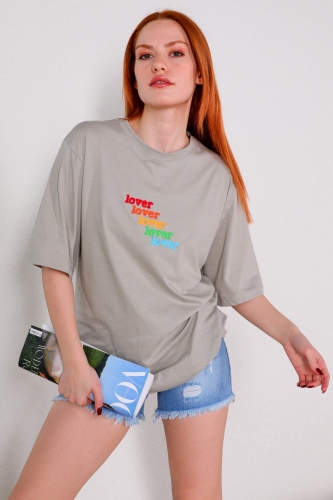 TSR-04269 Boyama Gri Lover Renkli Nakışlı Tişört - Thumbnail