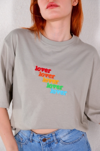 TSR-04269 Boyama Gri Lover Renkli Nakışlı Tişört - Thumbnail