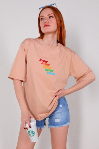 TSR-04269 Vizon Lover Renkli Nakışlı Tişört - Thumbnail