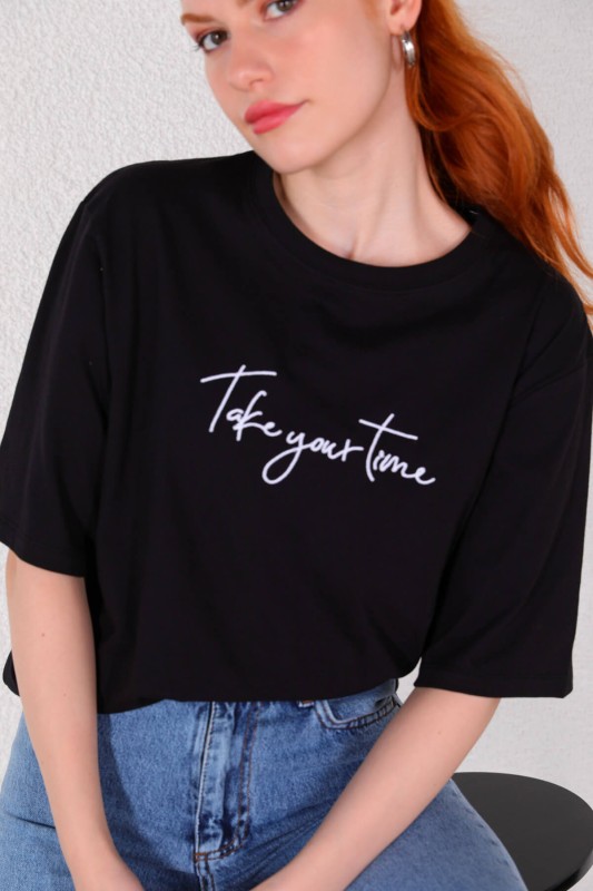 TSR-04272 Siyah Take Your Time Nakışlı Tişört