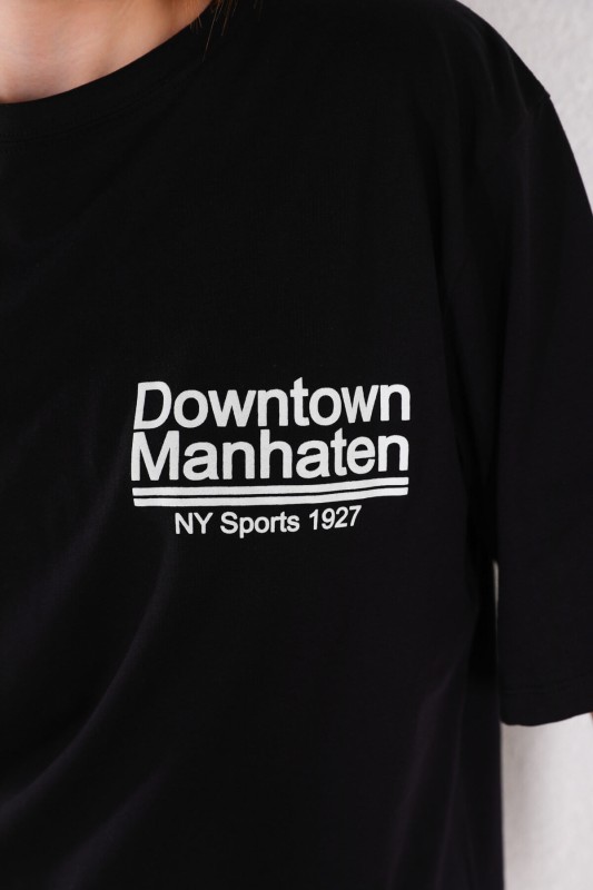 TSR-04290 Siyah Downtown Manhattan Baskılı Bisiklet Yaka Tişört