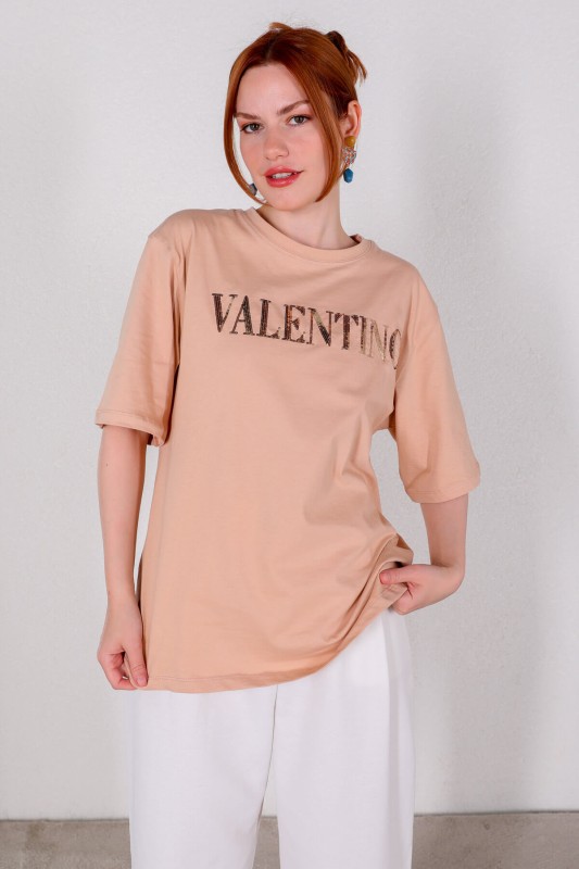 TSR-04292 Vizon Valentino Payetli Bisiklet Yaka Tişört