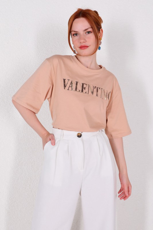 TSR-04292 Vizon Valentino Payetli Bisiklet Yaka Tişört