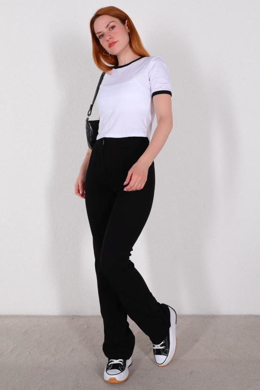 TSR-04296 Siyah Şeritli Beyaz Crop Tişört
