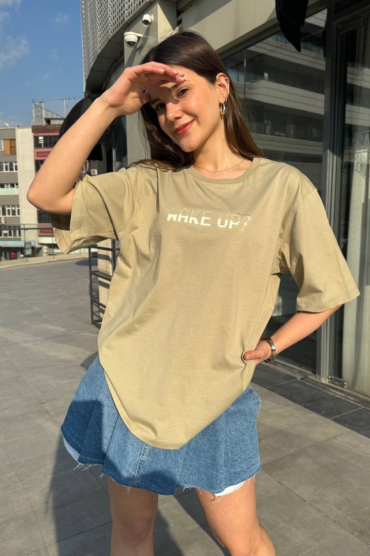 TSR-04300 Haki Wake Up Enjeksiyon Baskı Bisiklet Yaka Tişört - 1