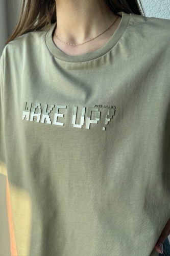 TSR-04300 Haki Wake Up Enjeksiyon Baskı Bisiklet Yaka Tişört - 3