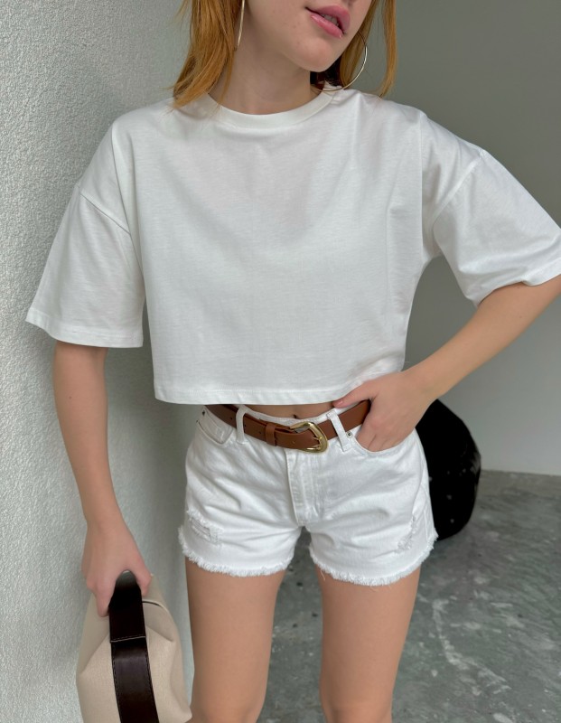 TSR-04305 Beyaz Yarasa Kol Basıc Crop Tişört
