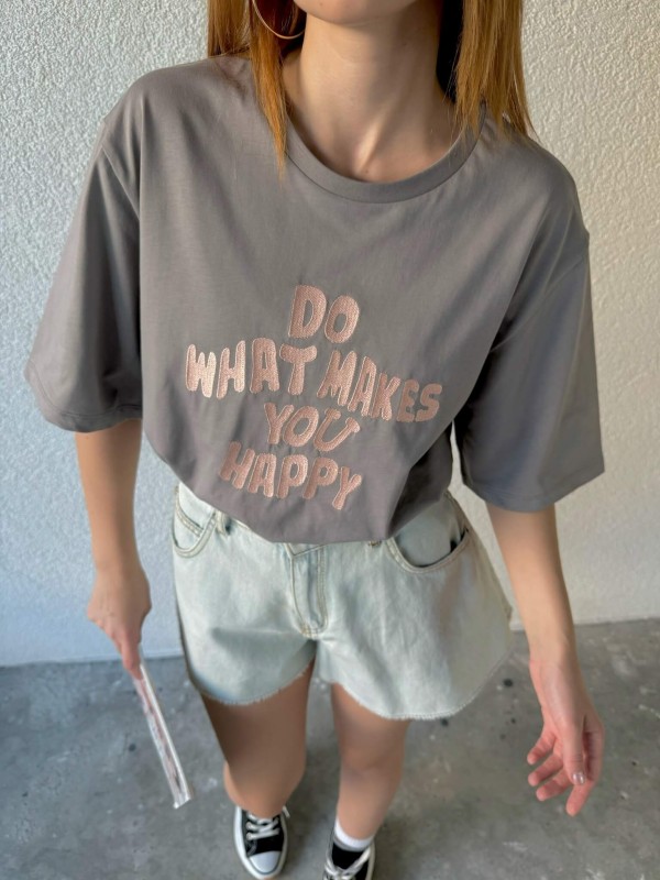 TSR-04318 Boyama Gri Do What Makes You Happy Nakışlı Tişört