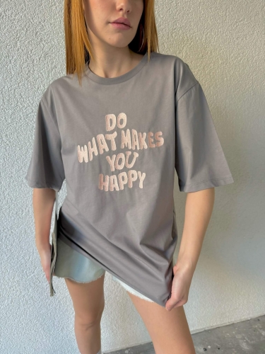 TSR-04318 Boyama Gri Do What Makes You Happy Nakışlı Tişört - Thumbnail