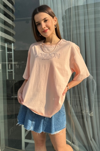 TSR-04333 Pudra London Enjeksiyon Baskı Bisiklet Yaka Tişört 