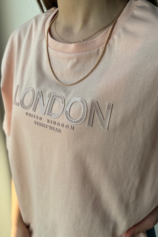 TSR-04333 Pudra London Enjeksiyon Baskı Bisiklet Yaka Tişört