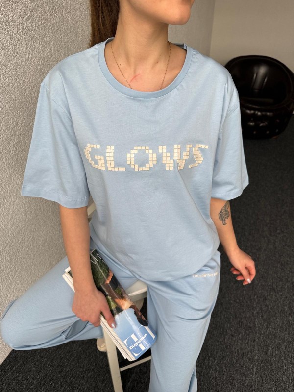 TSR-04342 Bebe Mavi Glows Enjeksiyon Baskı Bisiklet Yaka Tişört