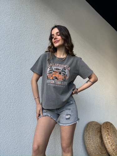 TSR-04351 Füme Yıkama Kumaş Calıfornıa Görsel Baskılı Salaş Pamuklu Tişört - 1