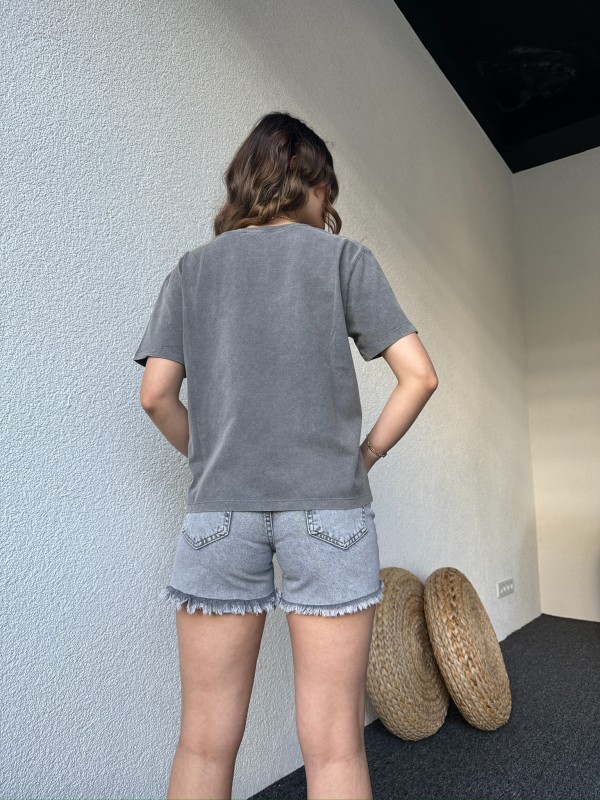 TSR-04351 Füme Yıkama Kumaş Calıfornıa Görsel Baskılı Salaş Pamuklu Tişört - 4