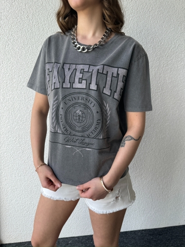 TSR-04351 Füme Yıkama Kumaş Fayette Görsel Baskılı Salaş Pamuklu Tişört - Thumbnail