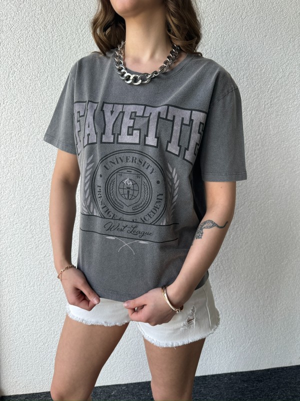 TSR-04351 Füme Yıkama Kumaş Fayette Görsel Baskılı Salaş Pamuklu Tişört