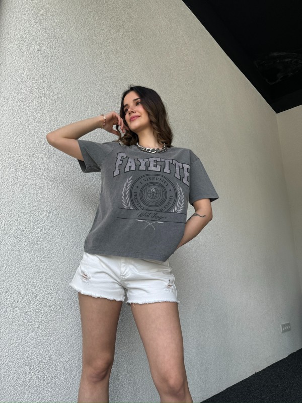 TSR-04351 Füme Yıkama Kumaş Fayette Görsel Baskılı Salaş Pamuklu Tişört