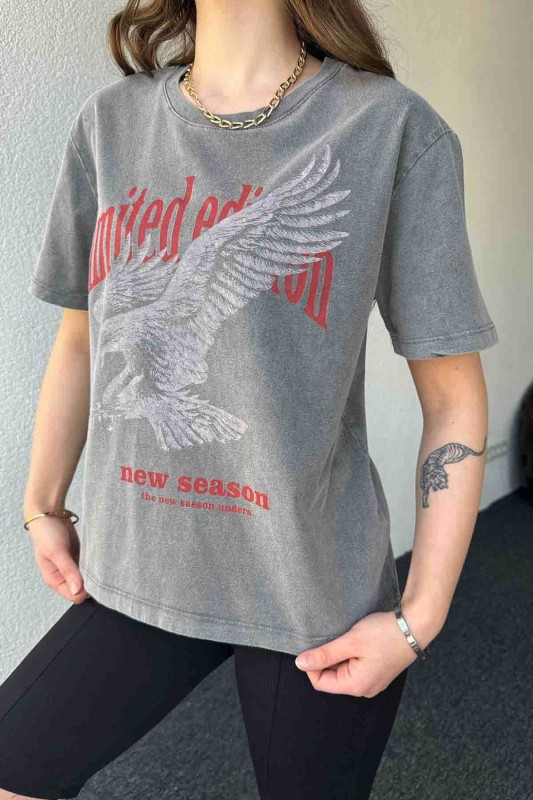 TSR-04351 Füme Yıkama Kumaş Limited Kuş Görsel Baskılı Salaş Pamuklu Tişört