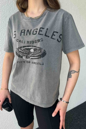 TSR-04351 Füme Yıkama Kumaş Los Angeles Görsel Baskılı Salaş Pamuklu Tişört - Thumbnail