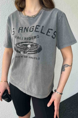 TSR-04351 Füme Yıkama Kumaş Los Angeles Görsel Baskılı Salaş Pamuklu Tişört - 3