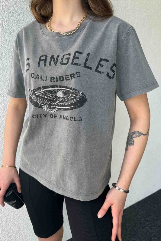TSR-04351 Füme Yıkama Kumaş Los Angeles Görsel Baskılı Salaş Pamuklu Tişört