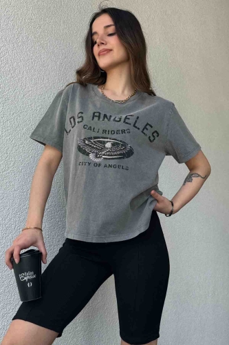 TSR-04351 Füme Yıkama Kumaş Los Angeles Görsel Baskılı Salaş Pamuklu Tişört - 1