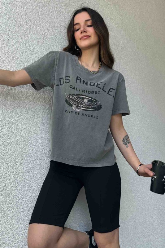 TSR-04351 Füme Yıkama Kumaş Los Angeles Görsel Baskılı Salaş Pamuklu Tişört - 2