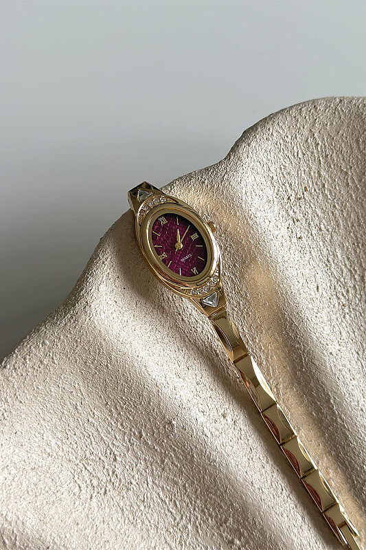 Velix Bordo Taşlı Çelik Kordon Kol Saati - 1