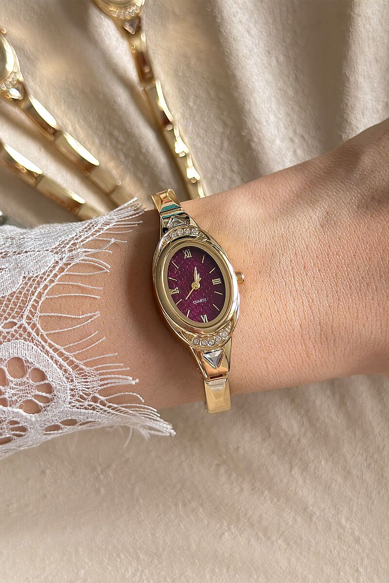 Velix Bordo Taşlı Çelik Kordon Kol Saati - 3