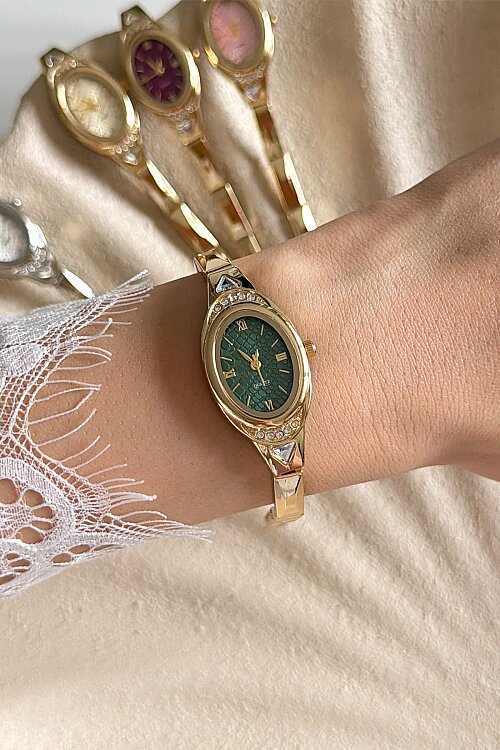 Velix Yeşil Kadran Taşlı Çelik Kordon Kol Saati - 3