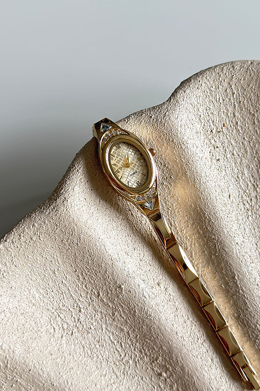 Velix Gold Kadran Taşlı Çelik Kordon Kol Saati - 1