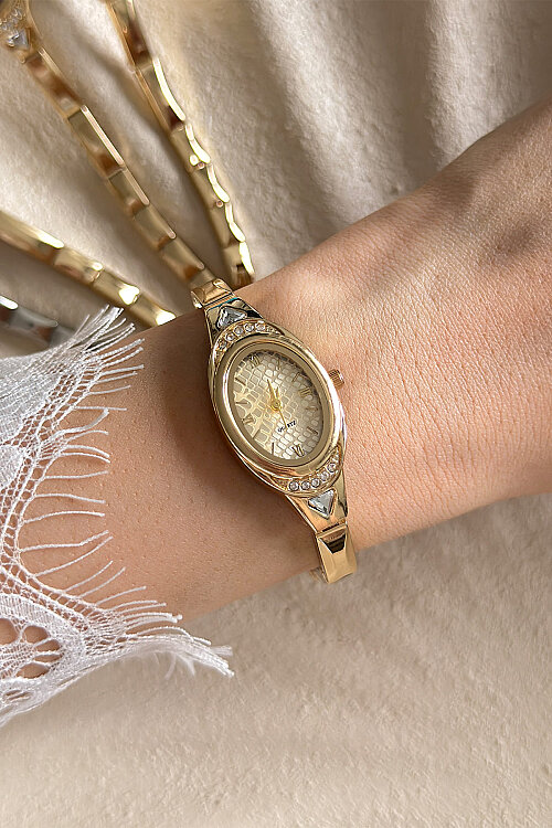 Velix Gold Kadran Taşlı Çelik Kordon Kol Saati - 3