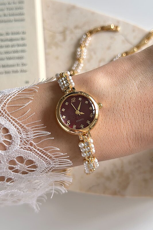 Vella Bordo Kadran İncili Metal Kordon Kadın Kol Saati - 3