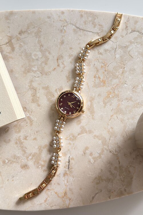 Vella Bordo Kadran İncili Metal Kordon Kadın Kol Saati