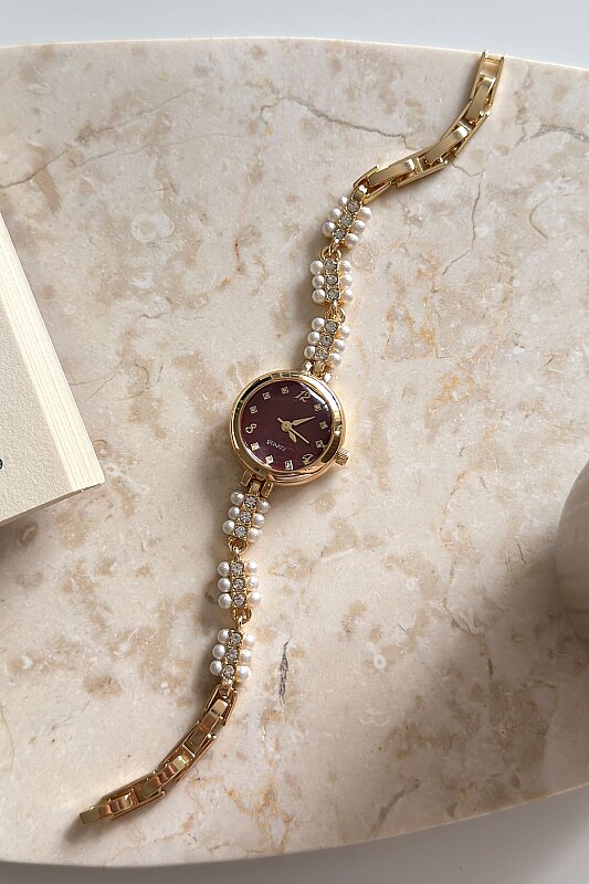 Vella Bordo Kadran İncili Metal Kordon Kadın Kol Saati - 1